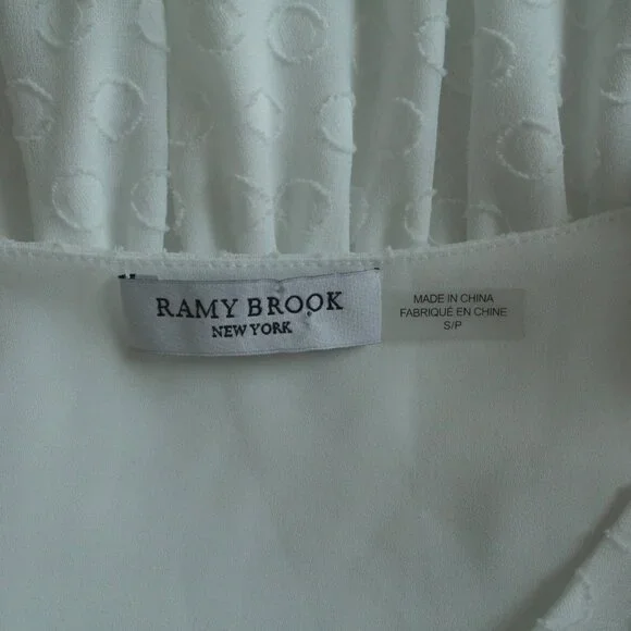 Ramy Brook Simona White Swiss Dot V-Neck Ruffle Trim Smocked Waist Mini Dress S - Picture 6 of 7